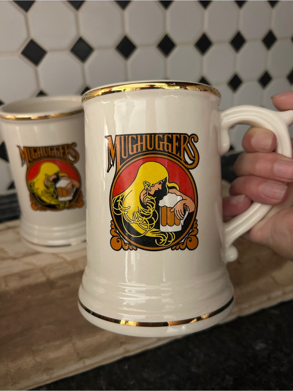 Vintage MugHuggers Large Ceramic Mug with Gold Trim Set of Two